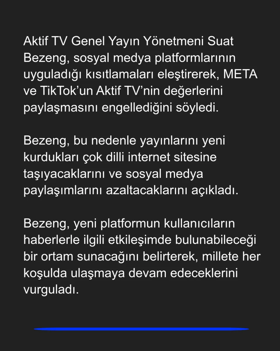 Aktif TV Genel Yayın Yönetmeni Suat Bezeng sosyal medya kısıtlamalarına tepki gösterdi