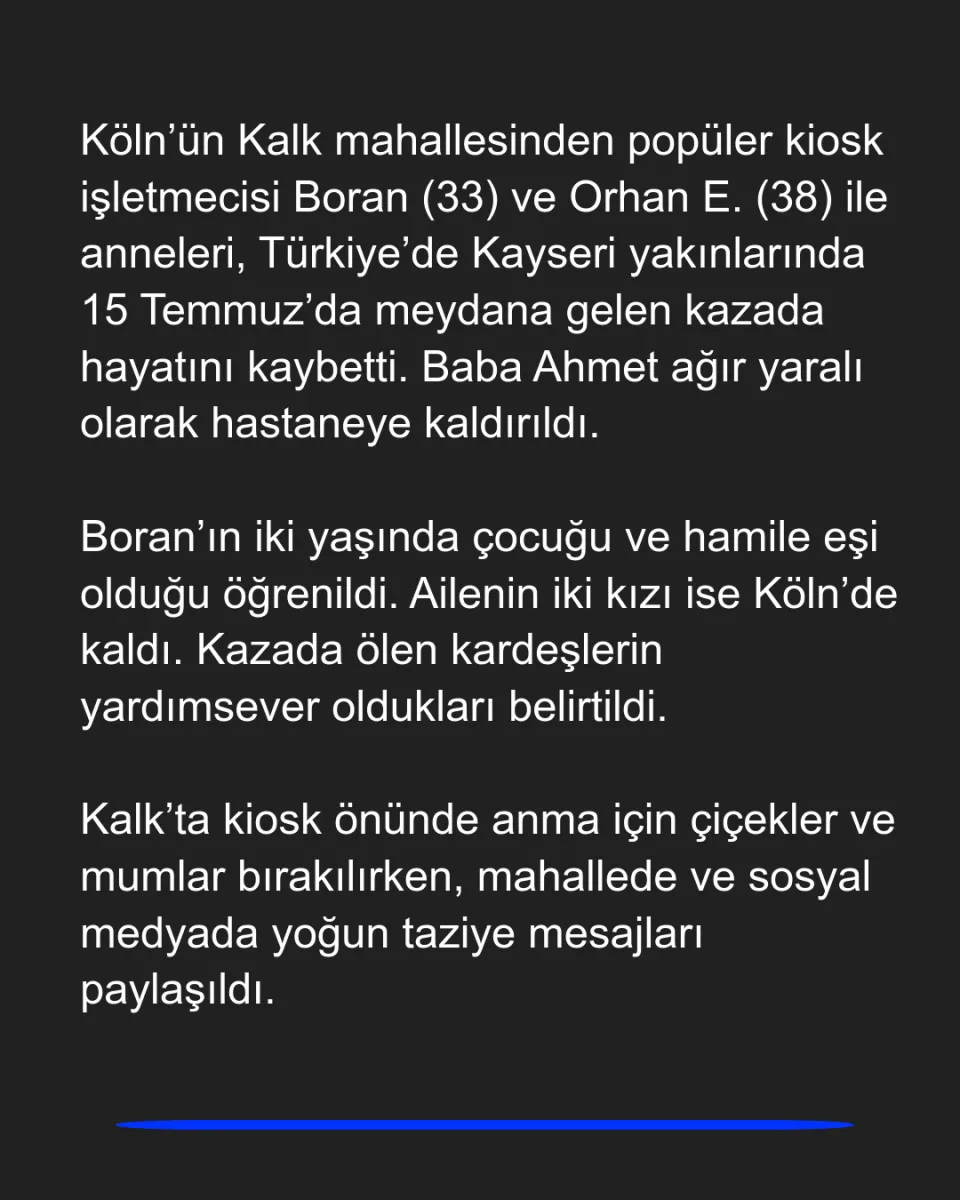 Köln sakinleri Türkiye'de meydana gelen kazada hayatını kaybetti: Mahallede büyük üzüntü yaşanıyor