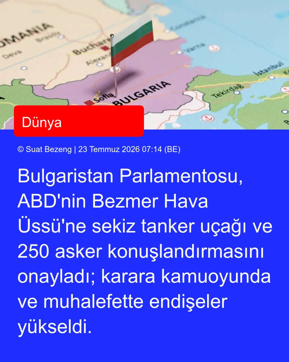 Bulgaristan Parlamentosu, ABD'nin Bezmer Hava Üssü'ne sekiz tanker uçağı ve 250 asker konuşlandırmasını onayladı; karara kamuoyunda ve muhalefette endişeler yükseldi.